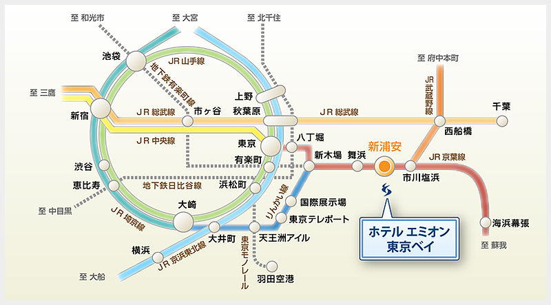 東京/横浜/千葉からホテルまでの電車でのアクセスマップ