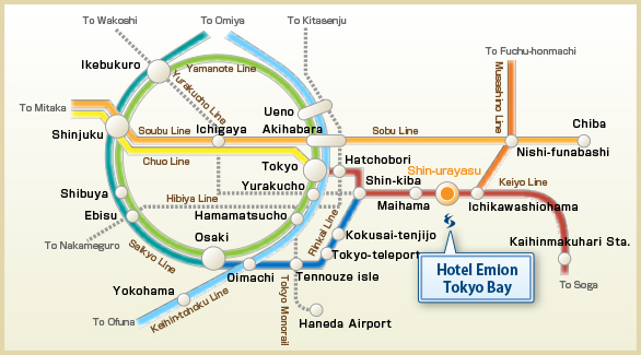 東京／横浜／千葉からホテルまでの電車でのアクセスマップ